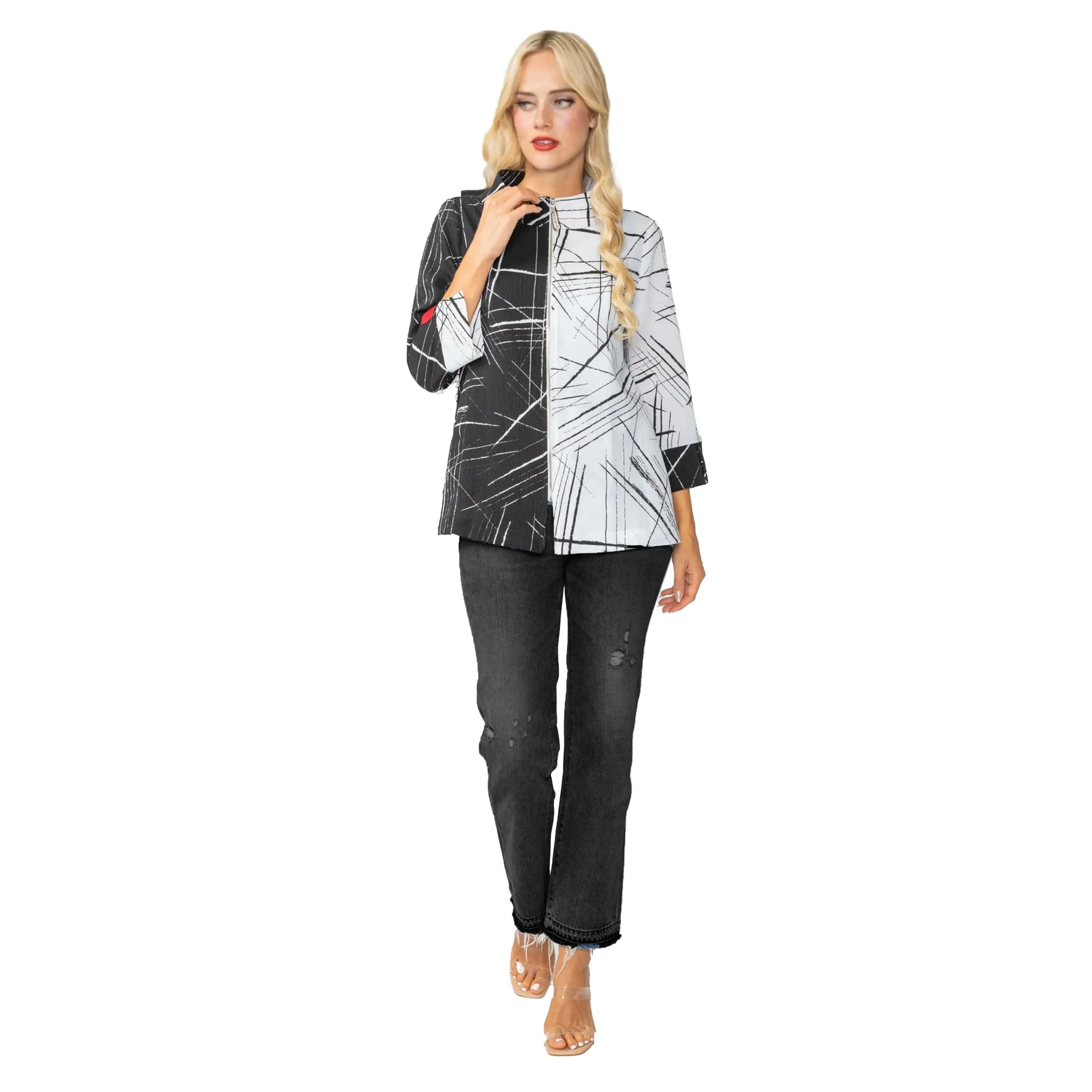 IC Collection "Pick up Stix" Black & White Zip Front Jacket - 7034J