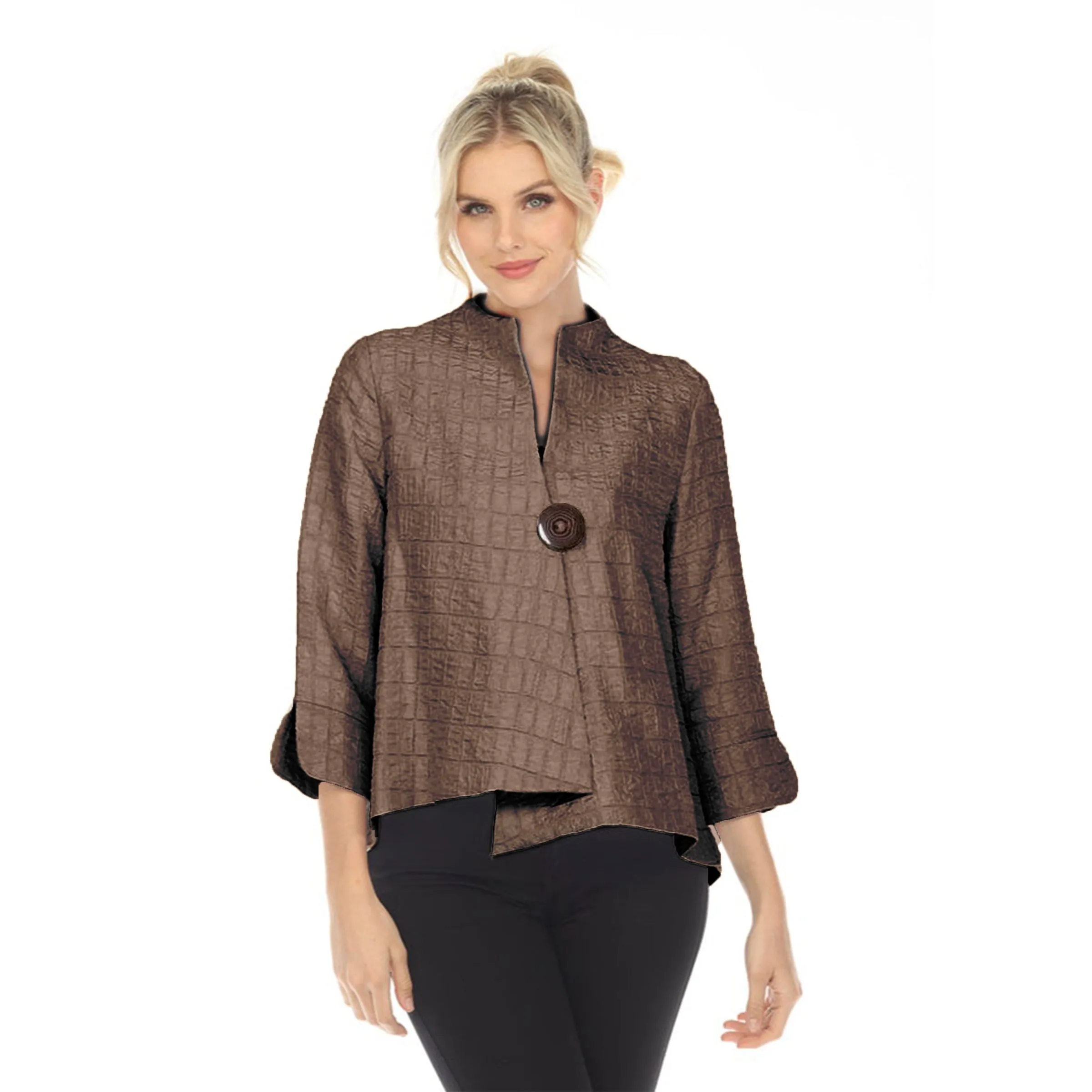 IC Collection Simply Elegant One-Button Jacquard Jacket in Brown - 6288J-BN