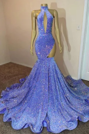 kamahe Halter Sequin Lavender Keyhole Mermaid Prom Dresses with Cutout