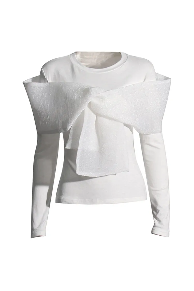 Luxurious Crinkled Big Knot Round Neck Long Sleeve Slim Fit T Shirt