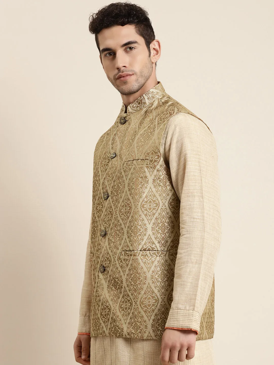 Men's Jacquard Silk Beige & Gold Waistcoat