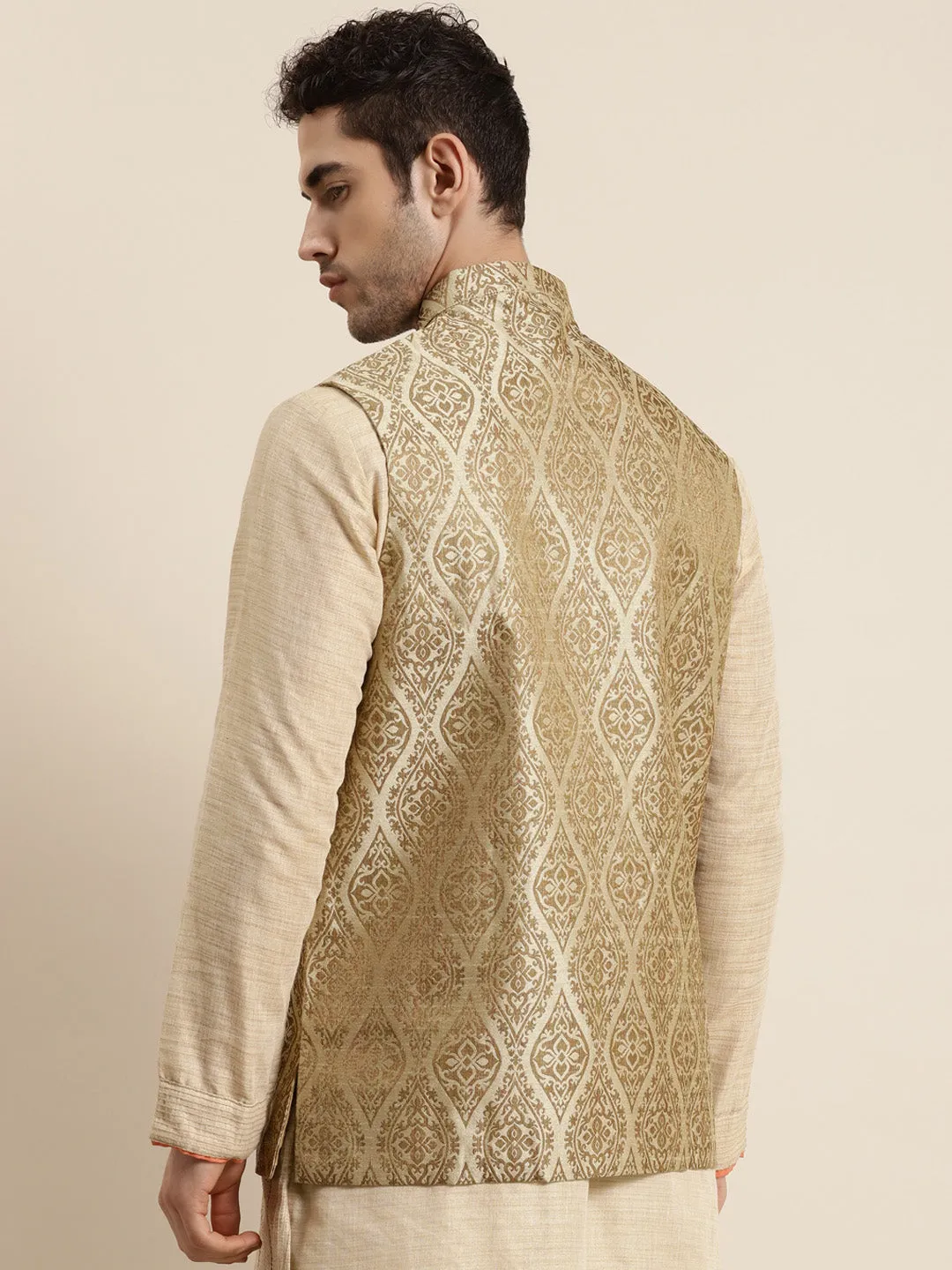 Men's Jacquard Silk Beige & Gold Waistcoat