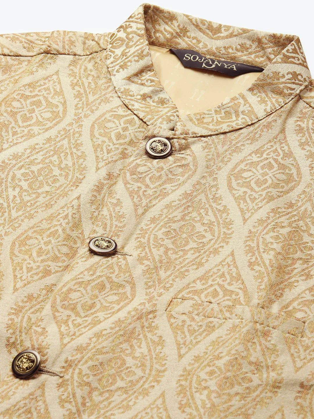 Men's Jacquard Silk Beige & Gold Waistcoat