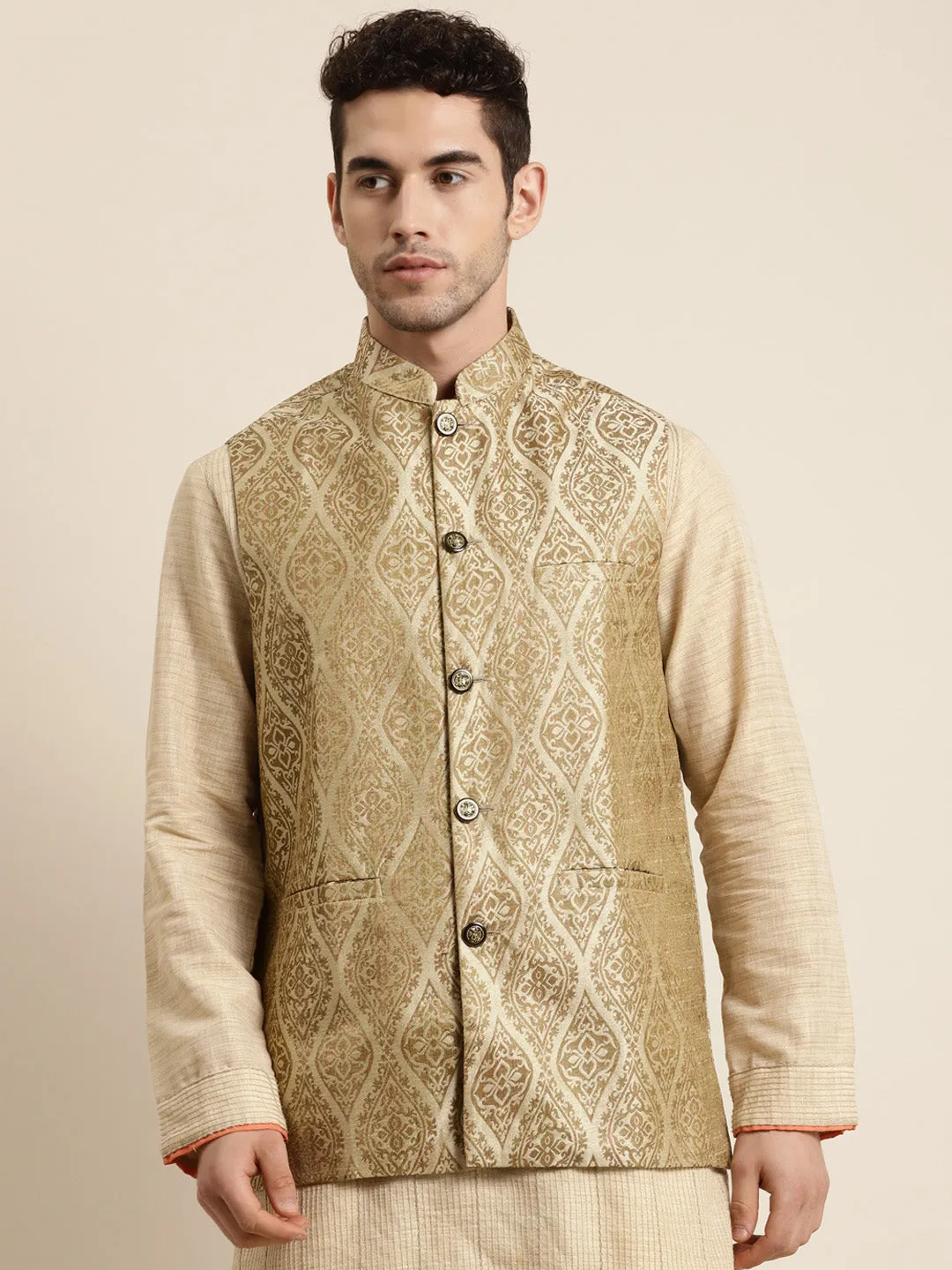 Men's Jacquard Silk Beige & Gold Waistcoat