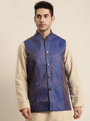 Men's Jacquard Silk Blue & Gold Waistcoat