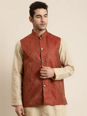 Men's Jacquard Silk Red & Gold Waistcoat