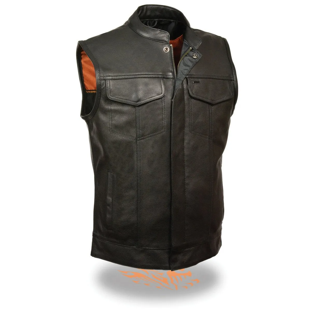 Milwaukee Leather MLM3510 Men's Black Naked Leather Club Style Vest - Dual Closure Open Neck Motorcycle Rider Vest