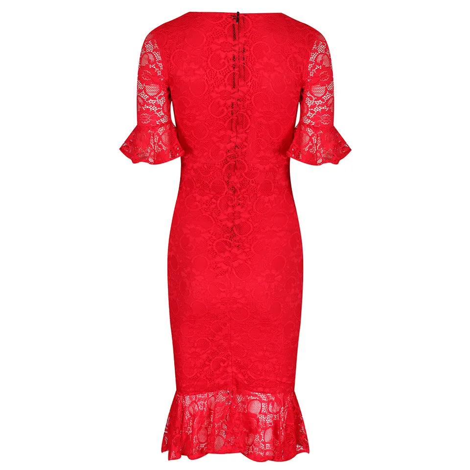 Red Lace Half Sleeve Fishtail Peplum Hem Bodycon Pencil Dress