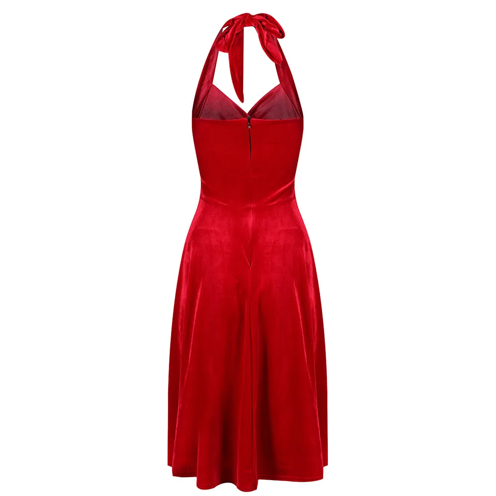 Red Velour Halterneck Empire Waist 50s Swing Dress