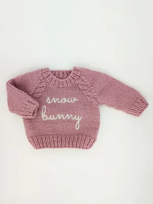 Snow Bunny Crewneck Knit Sweater, Rosy