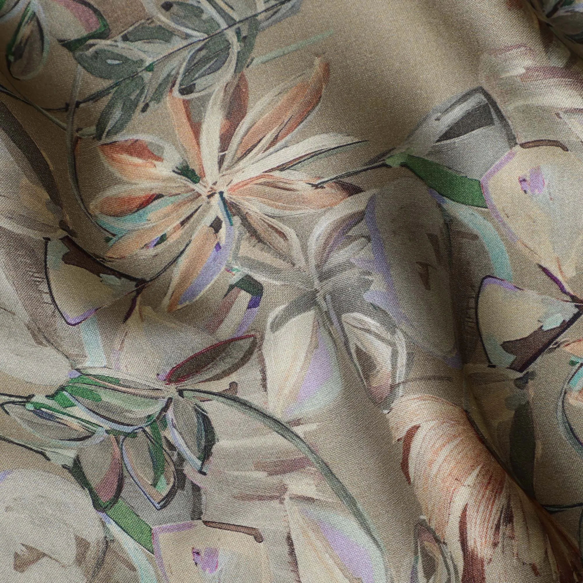 Taupe Synthetic Modal Satin Fabric with Floral Print, 110 cm Width-D20954