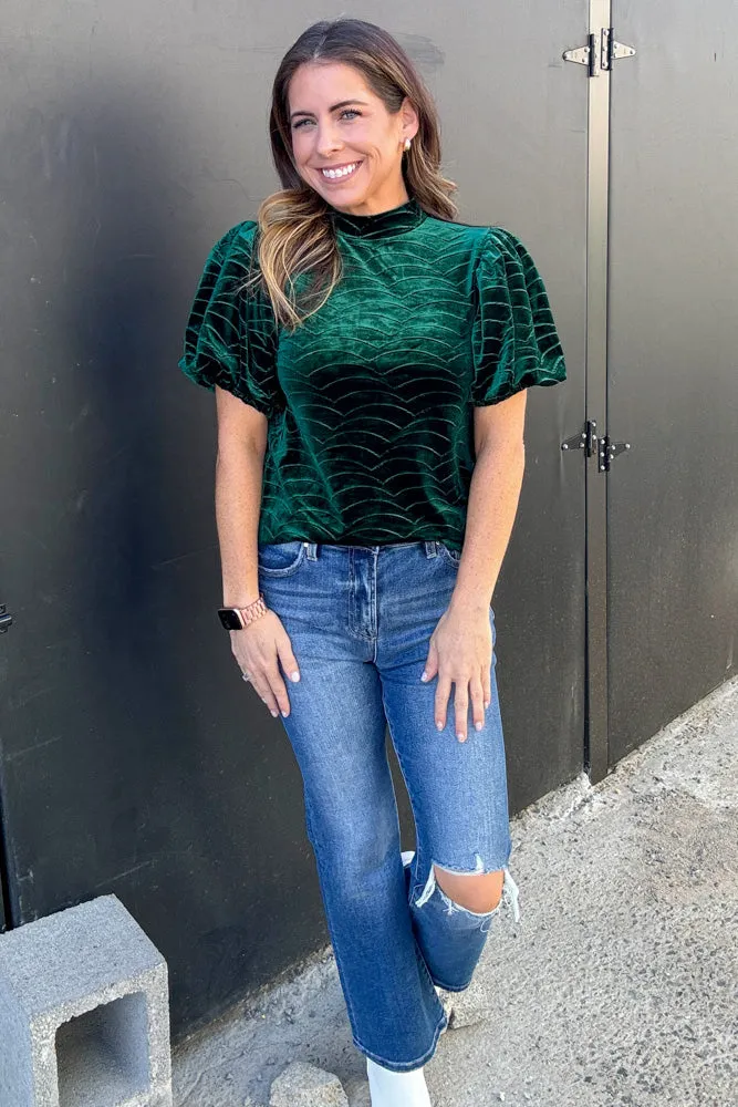 THML-Puff Sleeve Velvet Top-Green