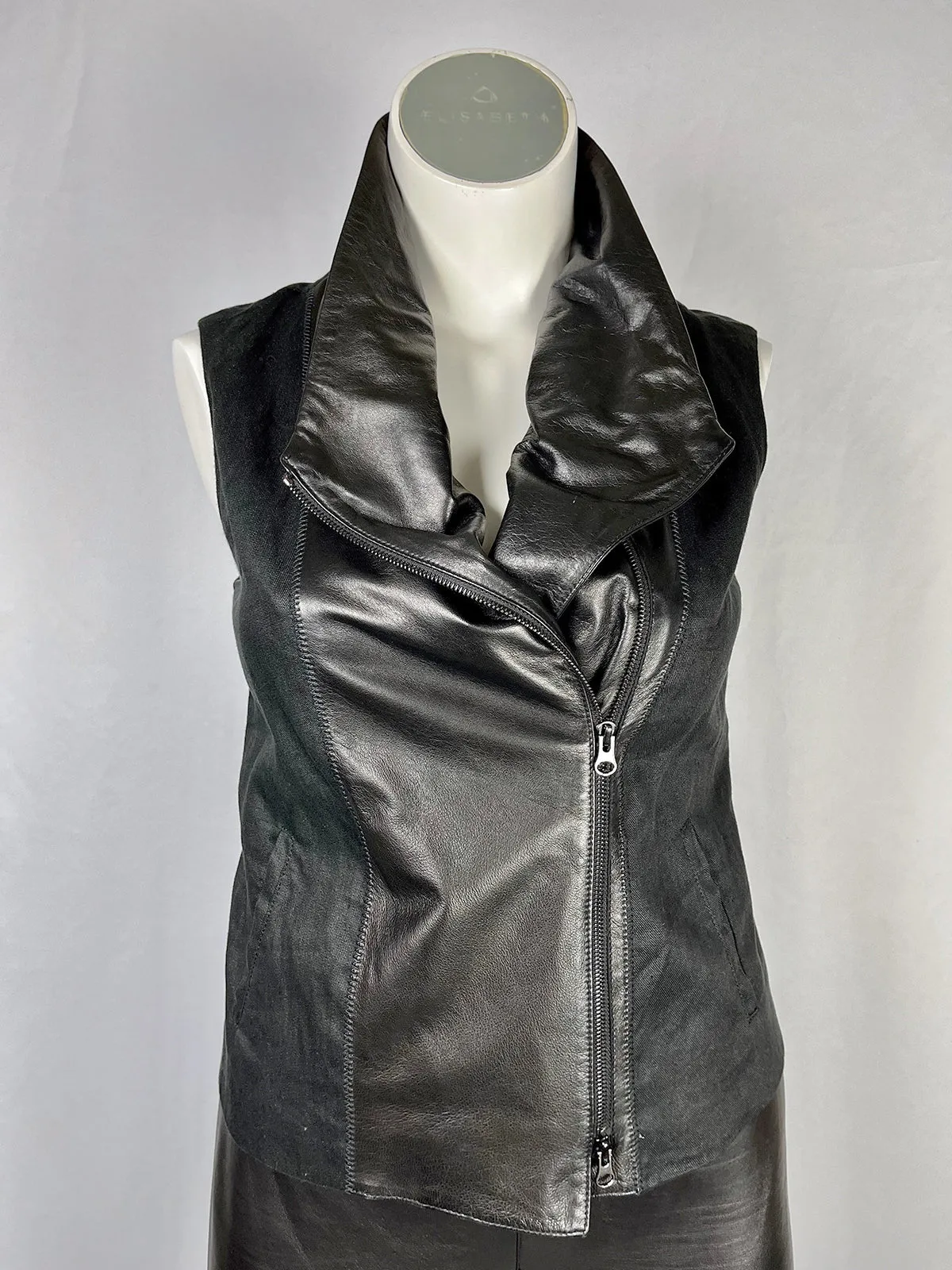 vince. Size L (12)  Black Leather Linen Moto Vest