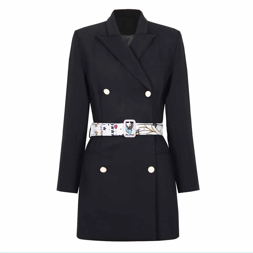 Women Double Breasted Black Blazer Dress Beltted Formal Lapel V-neck Coat